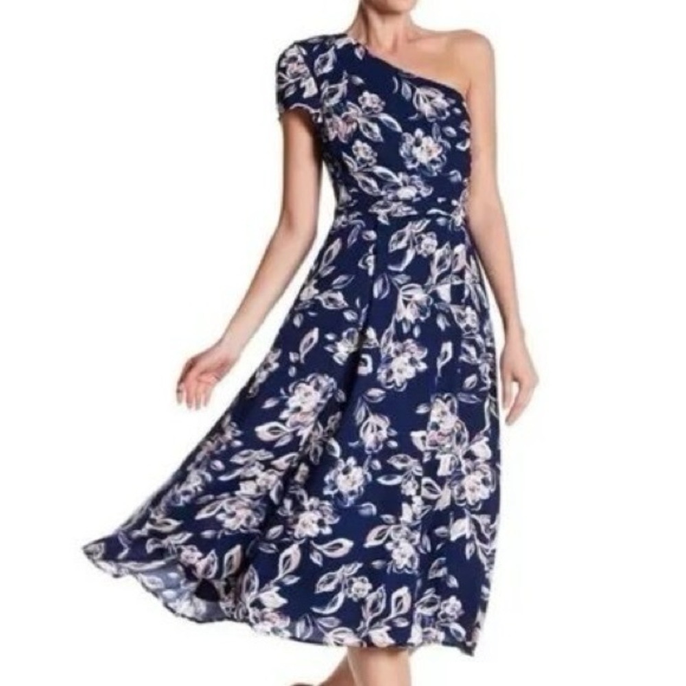 Charles Henry Floral One Shoulder Midi Dress